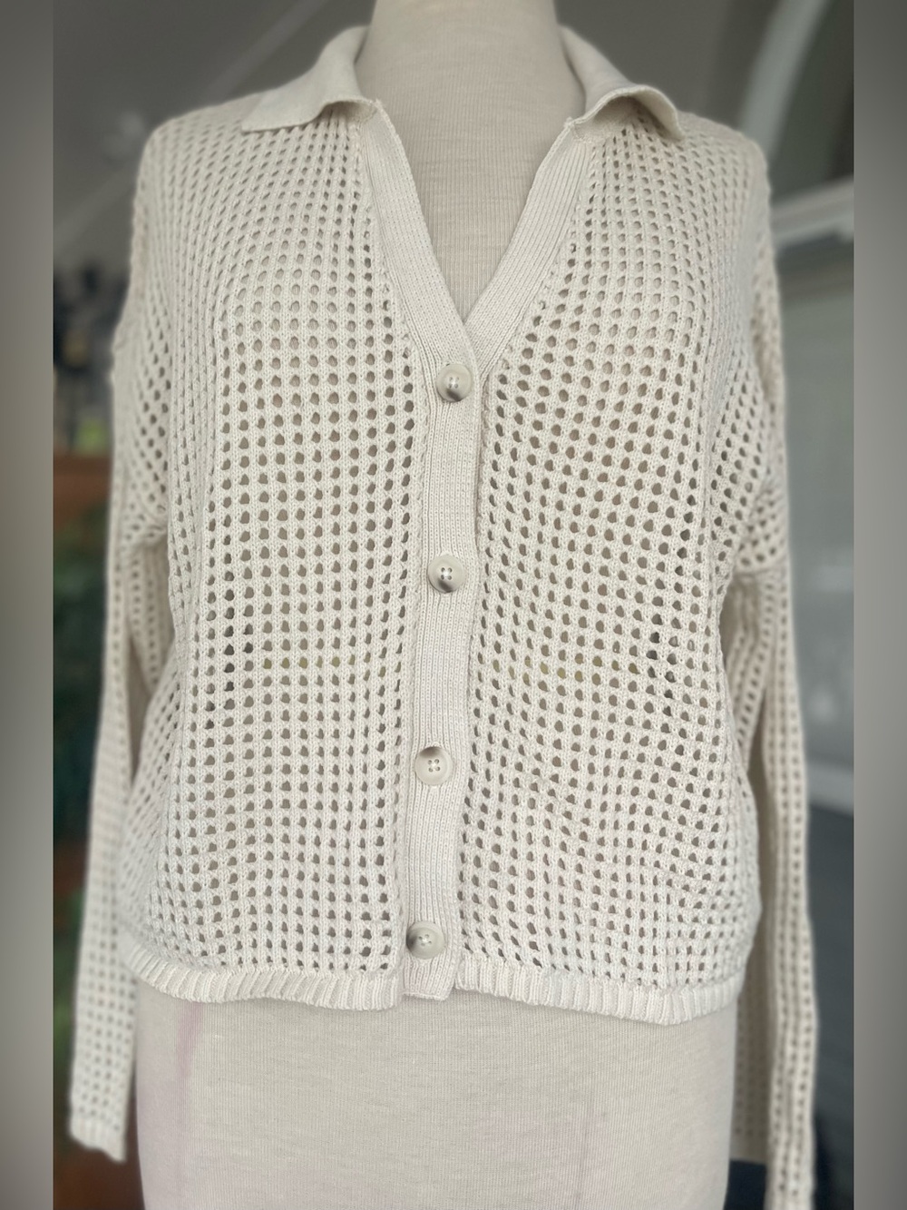 Sincerely Jules Cream Open-Weave Button Women’s Top